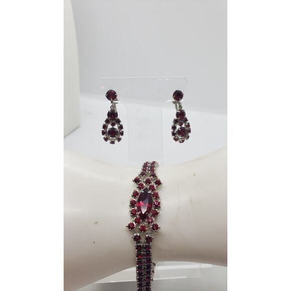 Vintage Ruby Red Rhinestone Bracelet & Screw Earrings Set 1950s Astra Weisner - Picture 7 of 11